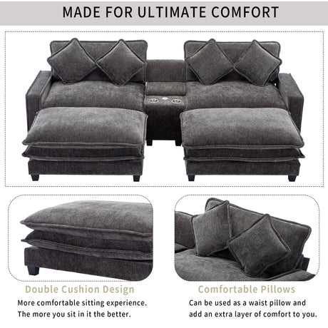 Modern Chenille Upholstered Sectional Sofa with Ottomans, USB Ports, Cup Holders, and Storage in Grey - sold by Home Elegance USA