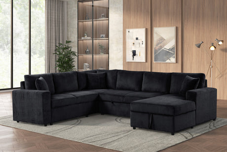 Rinaldo 123'W Black Corduroy Sleeper Sectional Sofa with Right-Facing Storage Chaise and Throw Pillows - sold by Home Elegance USA
