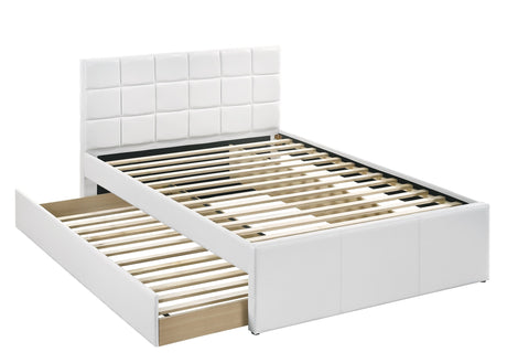 Full Size Bed w/ Trundle Slats White Faux Leather Upholstered Plywood Kids Youth Bedroom Furniture wooden Slats