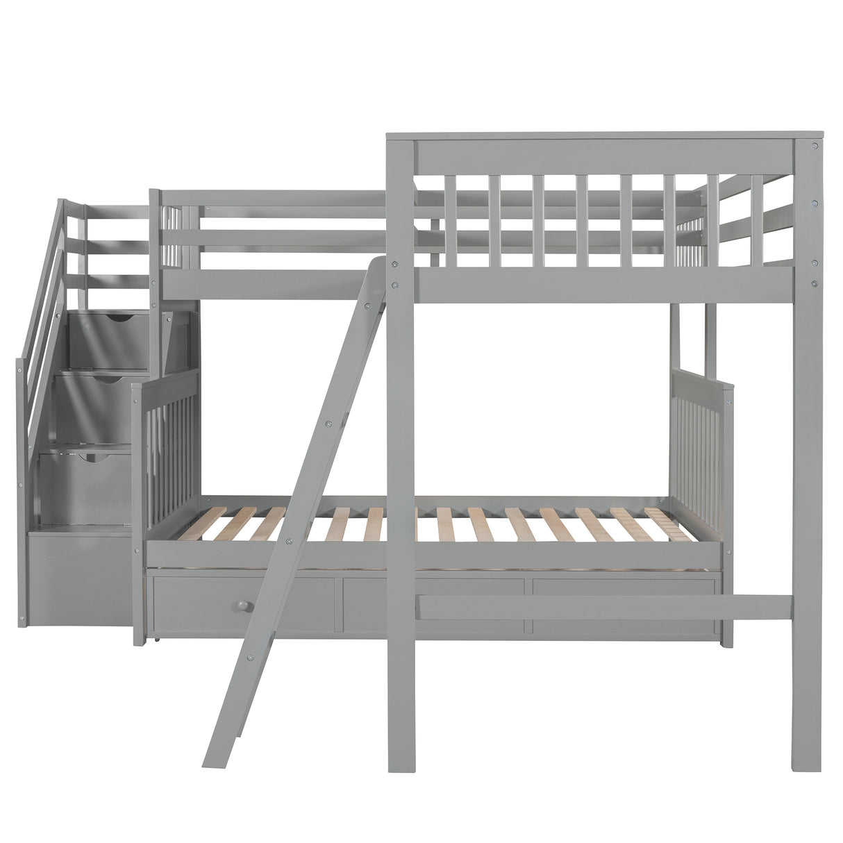 Twin over Full L-Shaped Bunk Bed With 3 Drawers, Ladder and Staircase - Gray - sold by Home Elegance USA