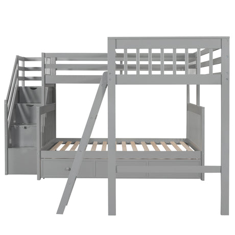 Twin over Full L-Shaped Bunk Bed With 3 Drawers, Ladder and Staircase - Gray - sold by Home Elegance USA