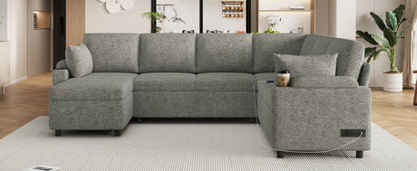 Versatile Light Grey Chenille Sectional Sofa Bed with Storage, Cup Holders & Charging Ports, 109.9' - sold by Home Elegance USA