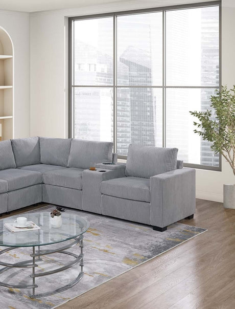 Modern Large Family Light Gray Corduroy 6pc Sectional Set Living Room One Arm Loveseat Wedge Console Armless Chair Couch Set - sold by Home Elegance USA
