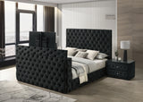 Luxurious King Size Bed Nightstand Set Deeply Tufted Headboard Upholstery Black Velvet Footboard Integrated Television Lift Mechanism Storage 3pc Set