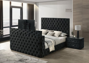 Luxurious King Size Bed Nightstand Set Deeply Tufted Headboard Upholstery Black Velvet Footboard Integrated Television Lift Mechanism Storage 3pc Set - sold by Home Elegance USA