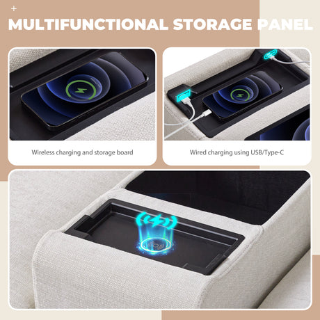 124'' L-Shaped Sectional Sofa with Multi-Functional Storage Console, Wired&Wireless Charger, Movable Ottoman, Wider&Thicker Cushion, Free Combination for Living Room&Apartment, Chenille - sold by Home Elegance USA