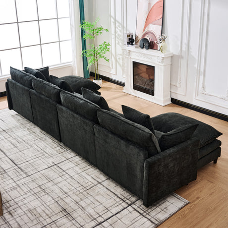 140.9-inch U-shaped modular sectional sofa, suitable for living room or bedroom. It comes with 2 movable ottomans, 4 cushions and 2 throw pillows. Made of soft cashmere fabric, in black - sold by Home Elegance USA