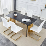Table and chair set.63'x31.5x30'Black Texture With Lines Patterned Sintered Stone Table with Golden Stainless Steel Butterfly Legs.Paried With 6 White High-quality PU Chairs With Golden Metal Legs.