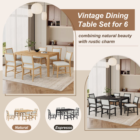 TREXM 7-Piece Retro Dining Table Set for 6, 1 Rectangular Wood Dining Table Set for 6 with Upholstered Chairs for Dining Room and Kitchen (Natural) - sold by Home Elegance USA