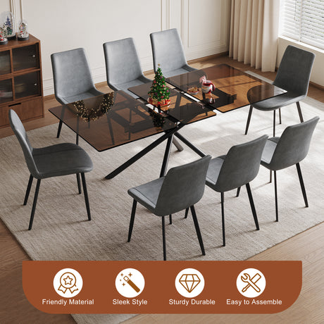 59-inch Expandable Dining Table Set with 8 Gray Ergonomic Chairs, Black Sandblasted Glass Top & X-Base, 4-6 Seater Modern Dining Set for Small Spaces, Kitchen and Apartment - sold by Home Elegance USA