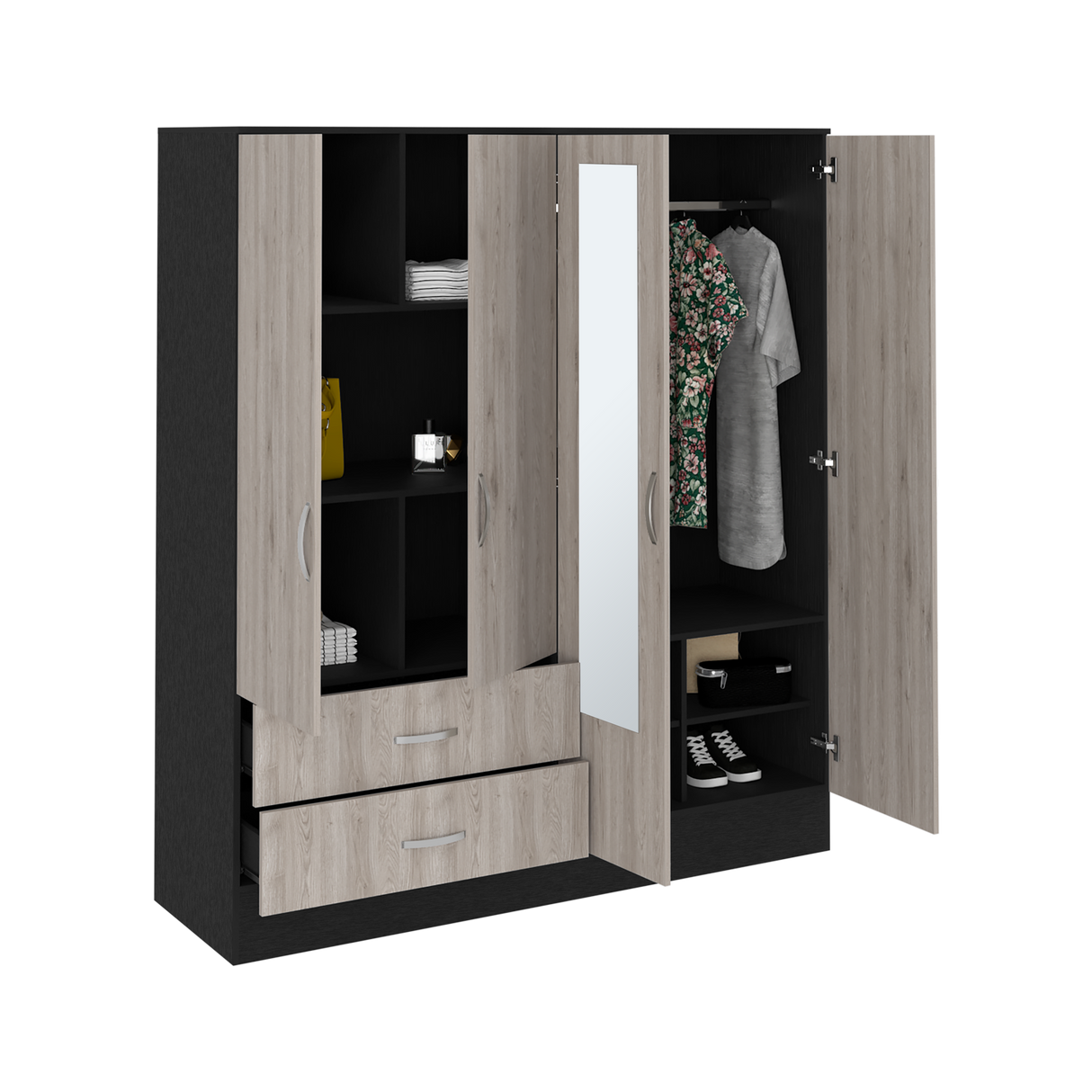 Bolton 160 Armoire, Six Shelves, Two Double Door Cabinets, Two Mirrors, Two Drawers, Rod Black / Light Gray - sold by Home Elegance USA