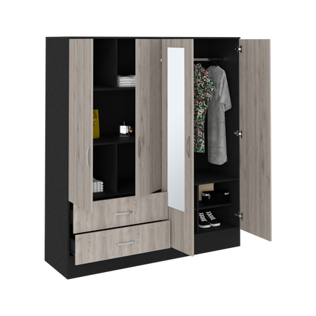 Bolton 160 Armoire, Six Shelves, Two Double Door Cabinets, Two Mirrors, Two Drawers, Rod Black / Light Gray - sold by Home Elegance USA