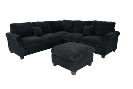 4pc Sectional Set Matching Pillow Cocktail Ottoman Corner Wedge Right And Left Arm Loveseat Corduroy Upholstered Black Finish Primary Living Room - sold by Home Elegance USA