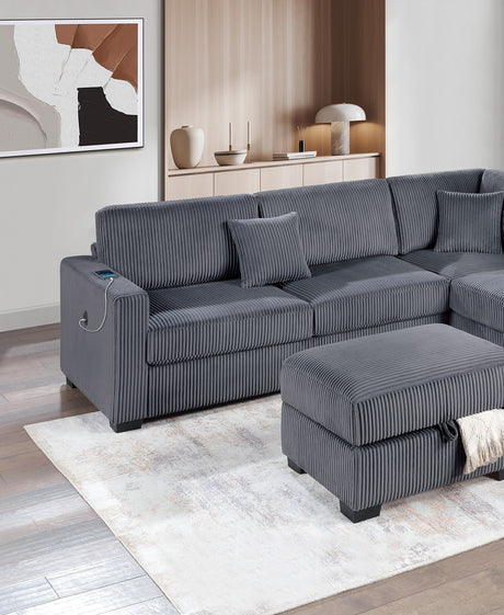 Dark Gray Wide Welt Corduroy Sectional Sofa Reversible Chaise Sofa w USB Storage Ottoman Upholstered Couch Pillows 3pc Set - sold by Home Elegance USA