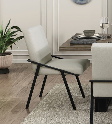 Modern Contemporary 5pc Dining Set Black Metal Base Table and 4x Side Chairs Cream Fabric Upholstered Furniture - sold by Home Elegance USA