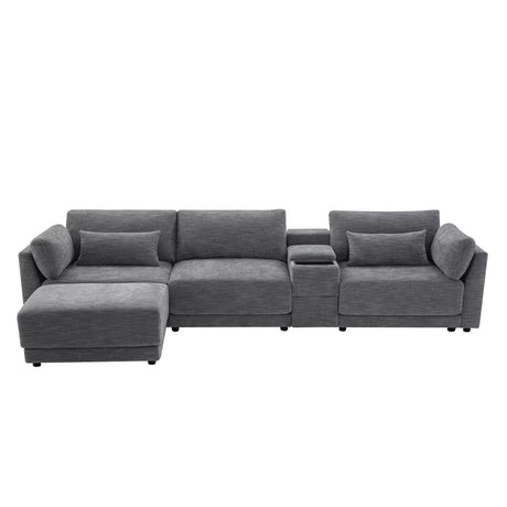 124'' L-Shaped Sectional Sofa with Multi-Functional Storage Console, Wired&Wireless Charger, Movable Ottoman, Wider&Thicker Cushion, Free Combination for Living Room&Apartment, Chenille - sold by Home Elegance USA