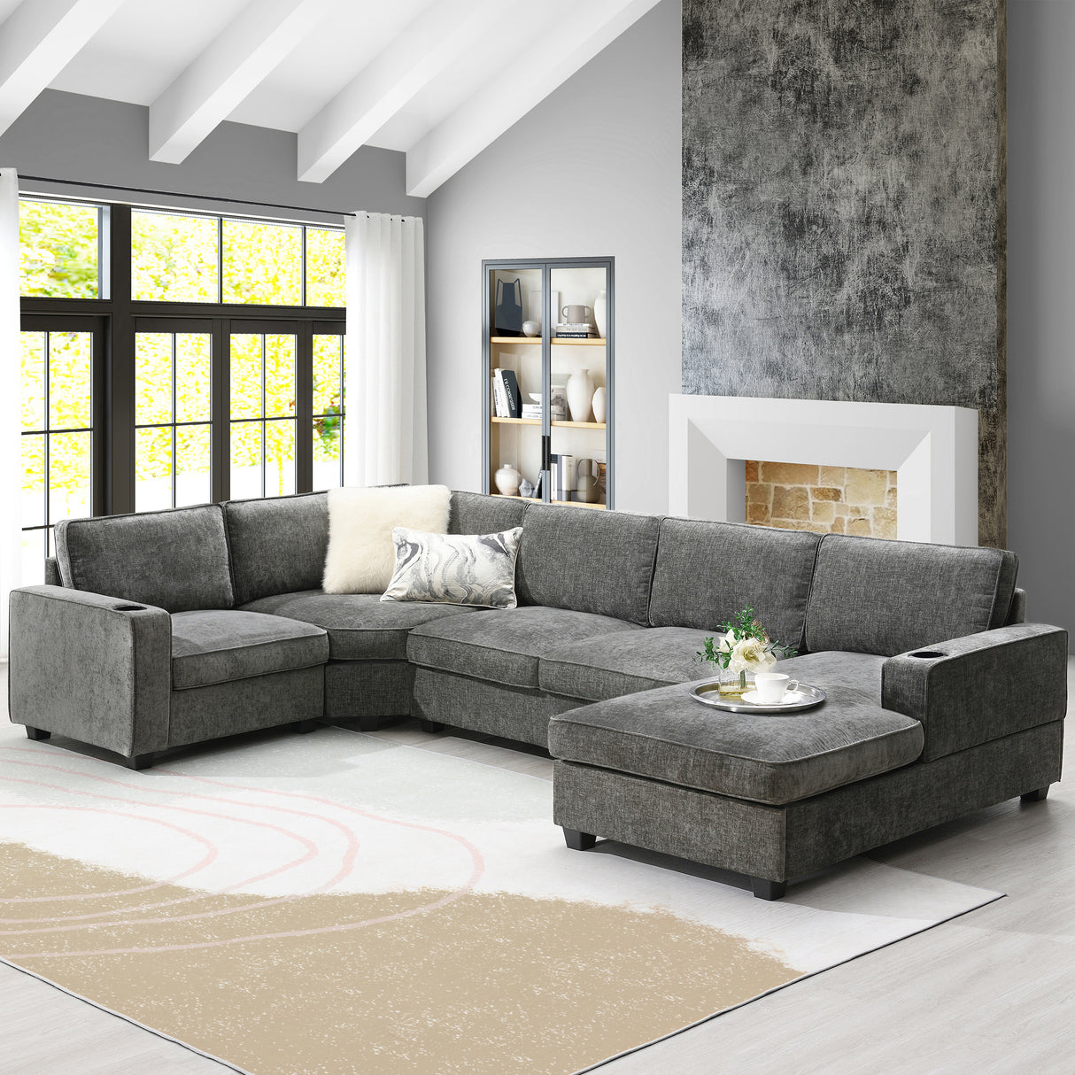 119' U-Shaped Sectional Sofa, 6 Seat Chenille Corner Couch Set with Cup Holders, Oversized Chaise Lounge, Irregular Corner, Deep and Wide Seat, Comfy Sofa for Living Room&Apartment, 2 Colors