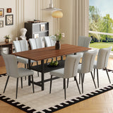 Juego de mesa y sillas. Mesa de comedor moderna de grano de nogal de 71 pulgadas de largo, una opción práctica para agregar color al hogar. Combina con 8 sillas de PU gris claro con un diseño de rayas verticales en el respaldo.