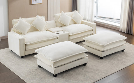 Chenille Upholstered Sectional Sofa with Removable Ottoman, USB Ports, Cup Holders, and Storage, Beige, 111' - sold by Home Elegance USA