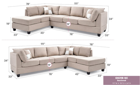 Malone G631B-SC Sectional ( Without Ottoman) , White - sold by Home Elegance USA