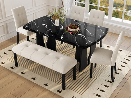 6 Piece Modern Dining Table Set, 63' Faux Marble Dining Table with Geometric Legs & 4 Upholstered Chairs & 1 Bench, Suitable for Dining Kitchen Room,Easy to Assemble, Beige+Black - sold by Home Elegance USA