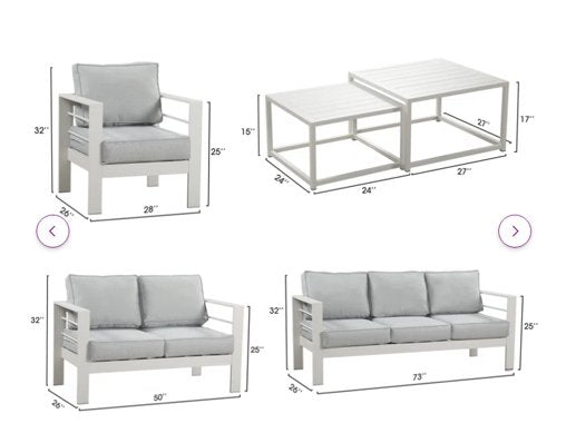 6-Pieces Outdoor Patio Conversation Set, White Aluminum with Light Grey Cushions