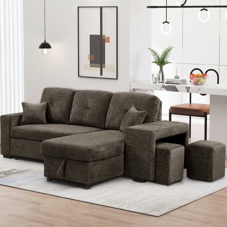Reversible Sleeper Sectional Sofa Bed with Side Shelf and 2 Stools, Pull-Out L-Shaped Sofa Bed, Corner Sofa-Bed with Storage Chaise, Knox Charcoal Velvet - sold by Home Elegance USA
