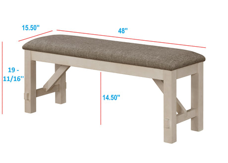 6pc Cottage Style Extendable Dining Table Set Chalk Gray Tow Tone Finish Upholstered Chair Bench Dining Room Wooden Furniture Two Self-Storing Refectory Leaves Solid Wood - sold by Home Elegance USA