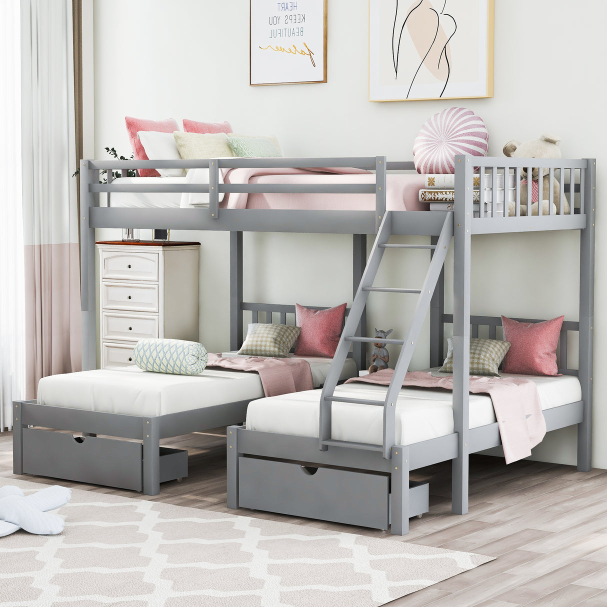 Full Over Twin & Twin Bunk Bed, Wood Triple Bunk Bed with Drawers and Guardrails, Gray (OLD SKU: LT000343AAE)