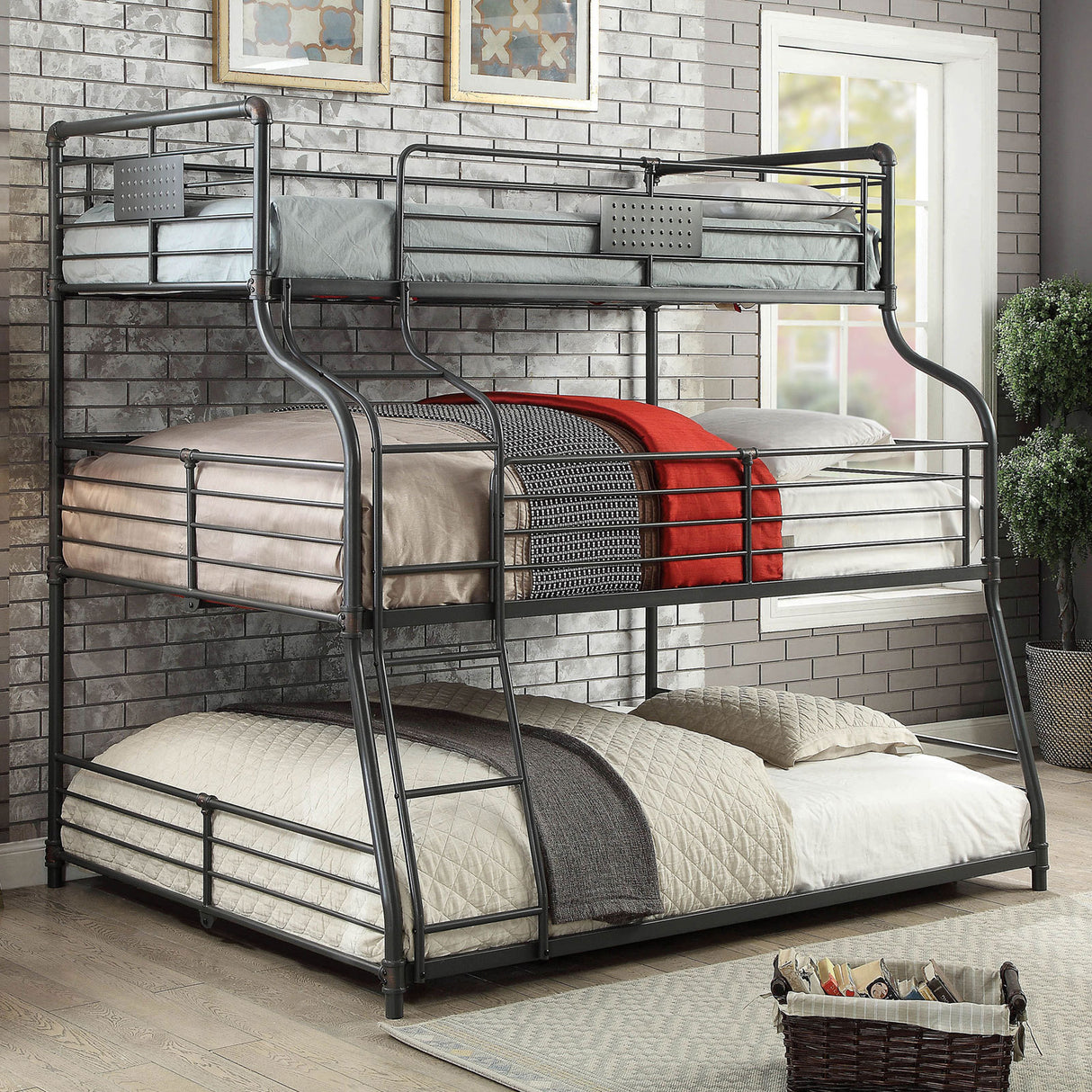 Twin Over Full Over Queen Unique Industrial Style Bunk Bed Full Metal Structure Upper Beds Guard Rails Attached Curved Ladder Antique Black Finish