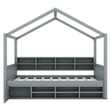 Full Size Wooden House Bed with Shelves and a Mini-cabinet, Gray - Home Elegance USA