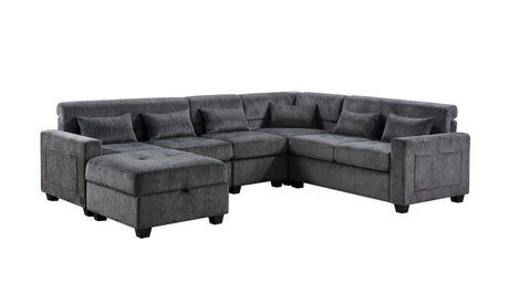 Trey 115'W Gray Chenille Sectional Sofa with Adjustable Backrest, Charging Ports, Pockets, Tufting, Storage Ottoman, Throw Pillows - sold by Home Elegance USA
