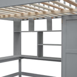 Full size Loft Bed with Bookshelf,Drawers,Desk,and Wardrobe-Gray - Home Elegance USA