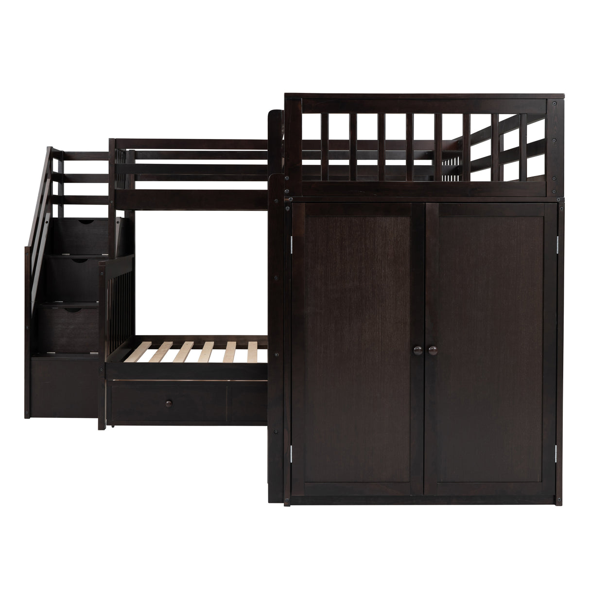 Twin-Twin over Full L-Shaped Bunk Bed With 3 Drawers, Portable Desk and Wardrobe, Espresso - Home Elegance USA