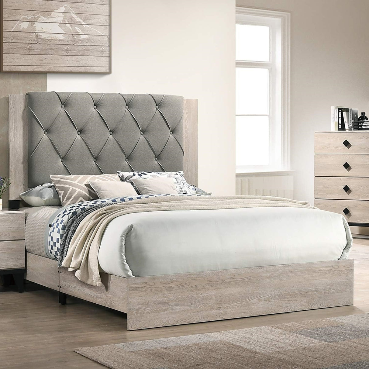 Contemporary 1pc Cream Finish California King Size Bed Bedroom Furniture Gray Tufted Design Headboard Rubberwood 1pc Bedframe