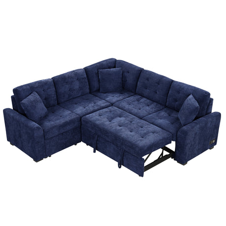 Navy Blue L-shape Sofa Bed with Pull-out Sleeper, USB Ports, Power Sockets, Corded Velveteen, 82.6' - sold by Home Elegance USA