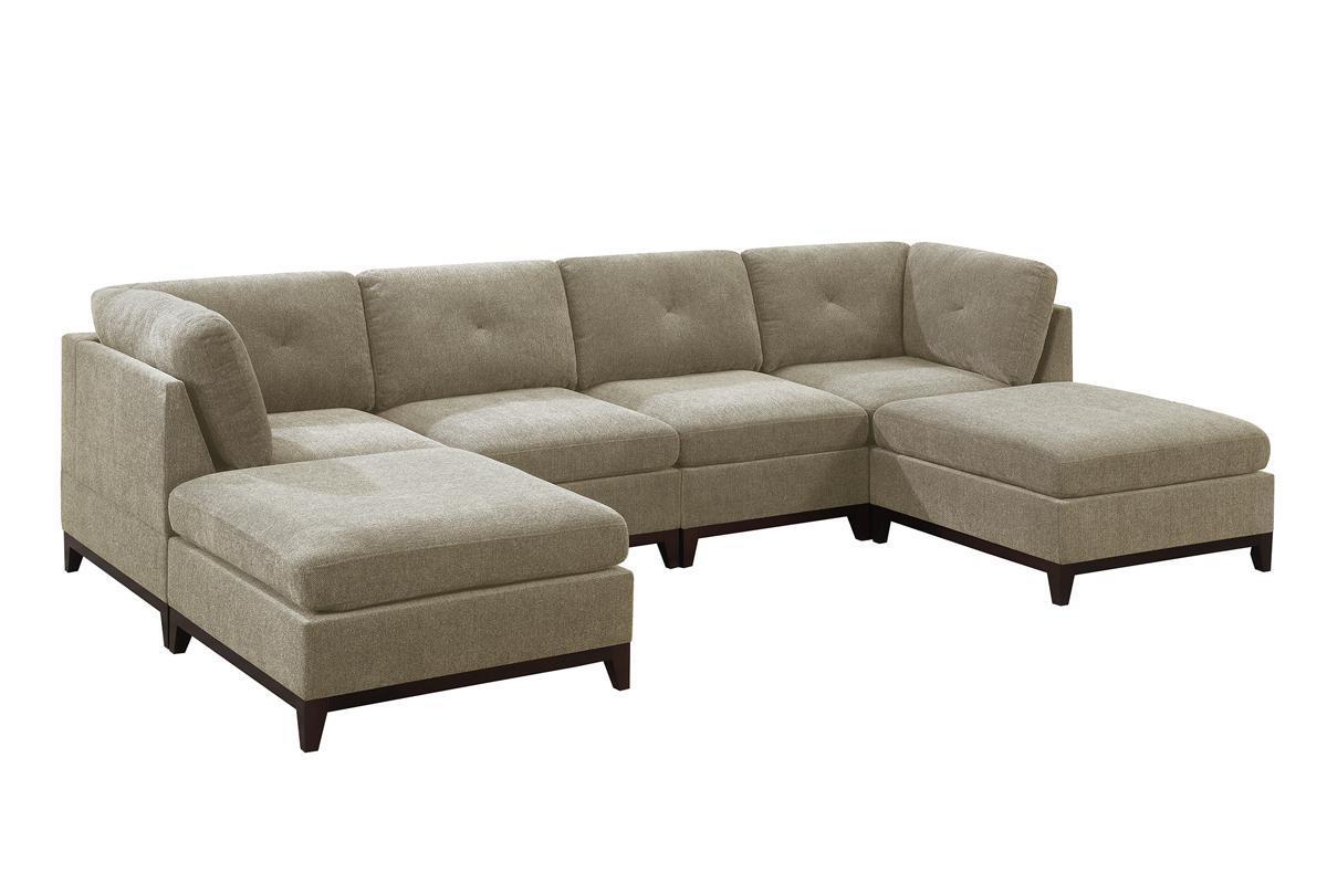 Camel Chenille Fabric Modular Sectional 6pc Set Living Room Furniture U - Sectional Couch 2x Corner Wedge 2x Armless Chairs and 2x Ottomans Tufted Back Exposed Wooden Base | Home Elegance USA