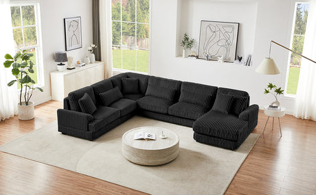 Modern Oversized U-shaped Sectional Sofa with Chaise Lounge Upholstered in Soft Black Corduroy - sold by Home Elegance USA