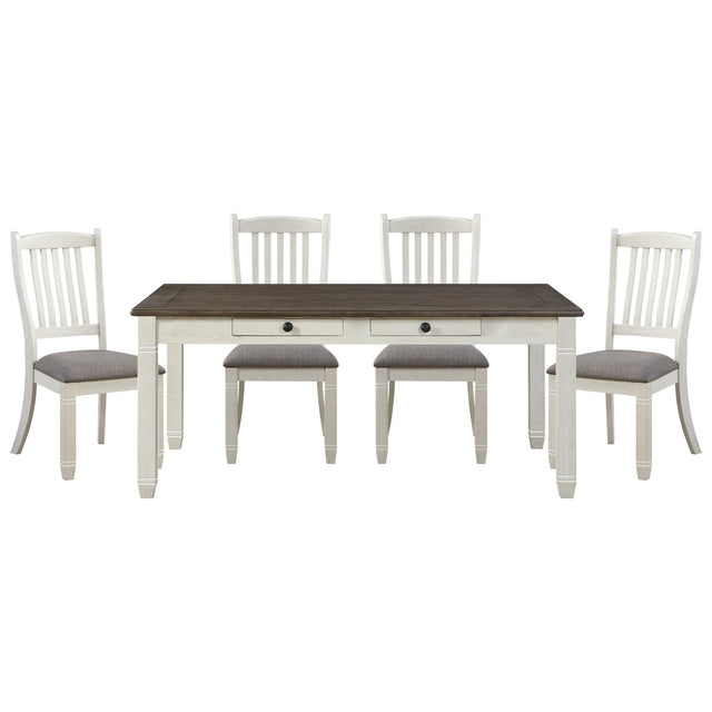 Antique White Finish Dining 5pc Set Table with 6x Drawers and 4x Side Chairs Upholstered Seats Casual Style Dining Room Furniture | Home Elegance USA