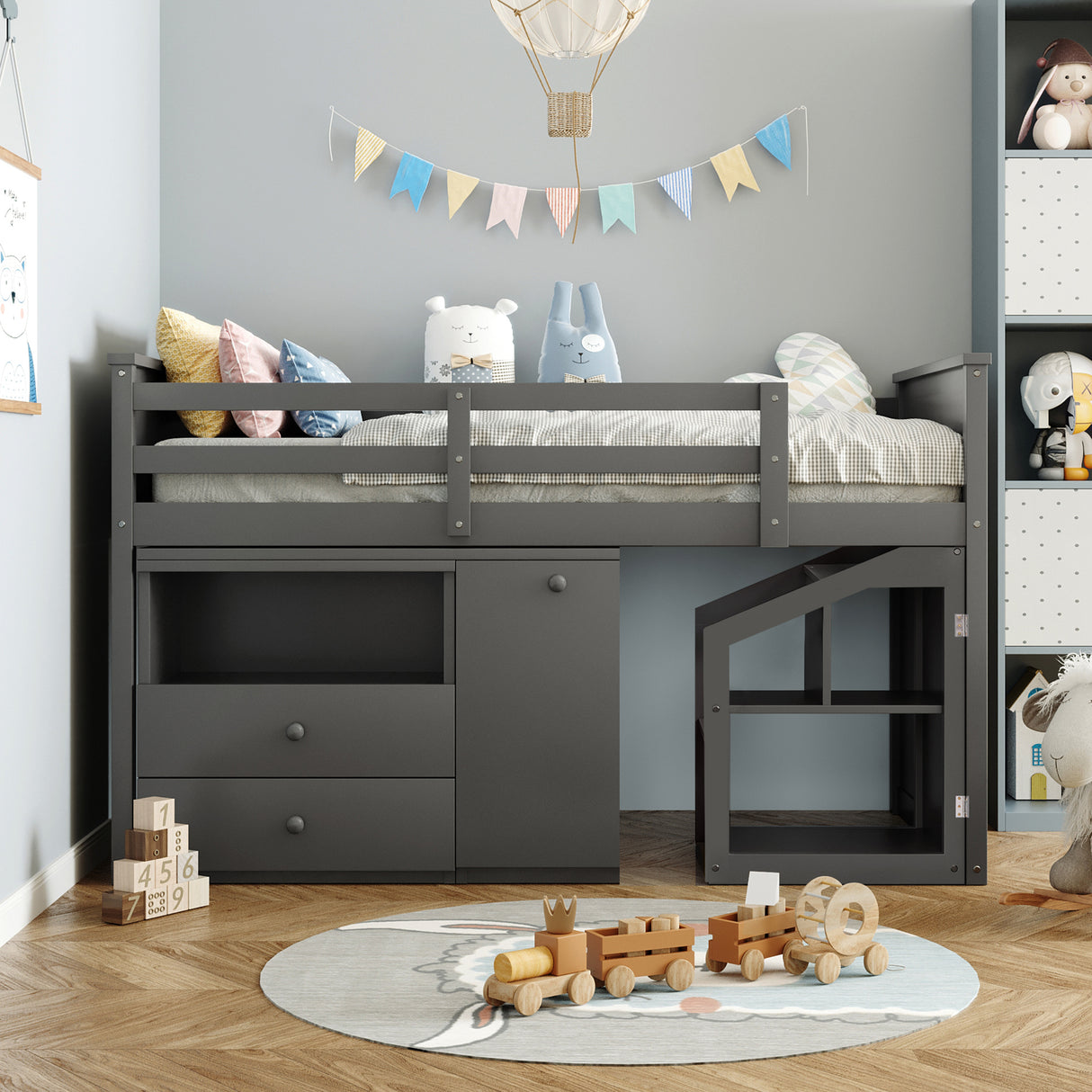 Loft Bed Low Study Twin Size Loft Bed With Storage Steps and Portable,Desk,Gray(OLD SKU: LT000101AAE) - Home Elegance USA