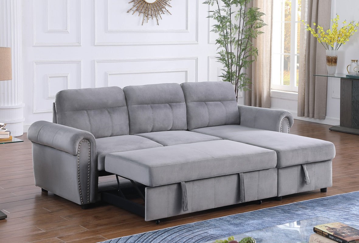 Ashton Gray Velvet Fabric Reversible Sleeper Sectional Sofa Chaise | Home Elegance USA