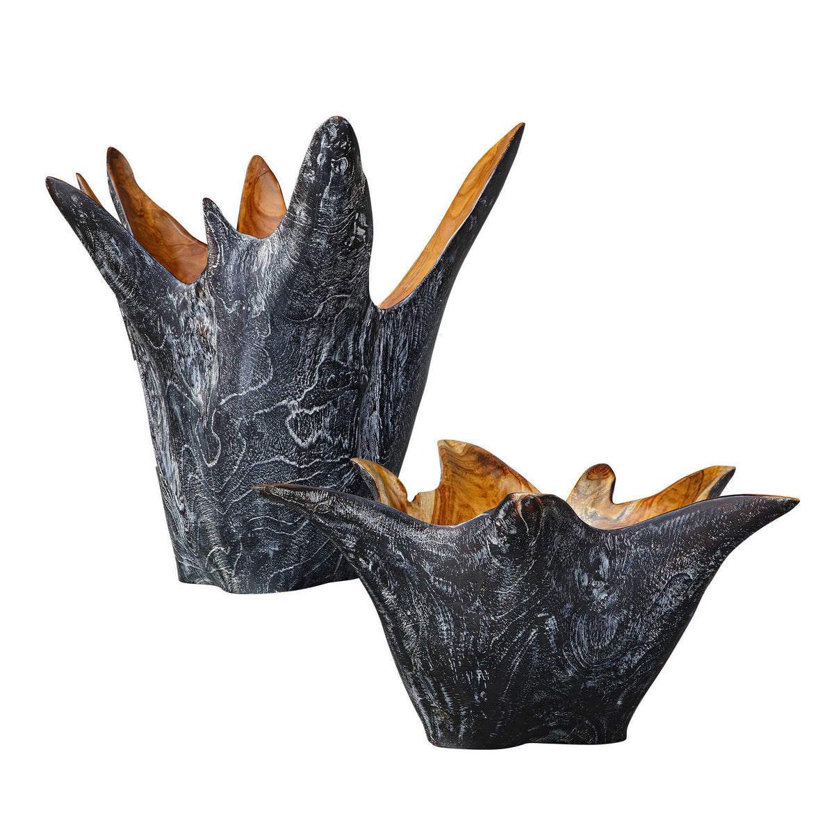 Starpetal Indoor-Outdoor Wooden Bowls (Set of 2) Black / Woodtone - Black / Light Brown by Uttermost - View 8