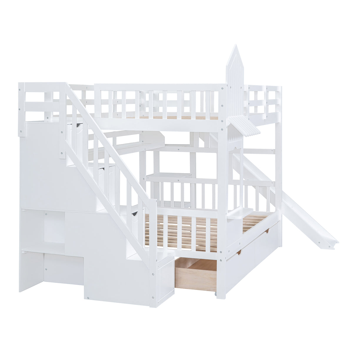 Full-Over-Full Castle Style Bunk Bed with 2 Drawers 3 Shelves and Slide - White(OLD SKU:LT000558AAK-2) - sold by Home Elegance USA