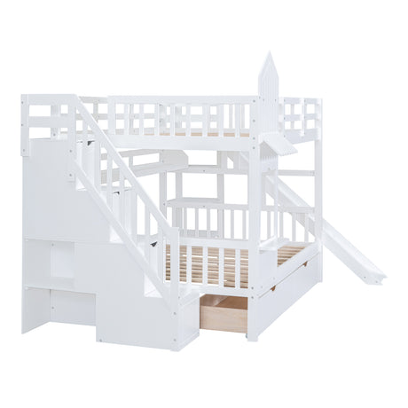 Full-Over-Full Castle Style Bunk Bed with 2 Drawers 3 Shelves and Slide - White - sold by Home Elegance USA