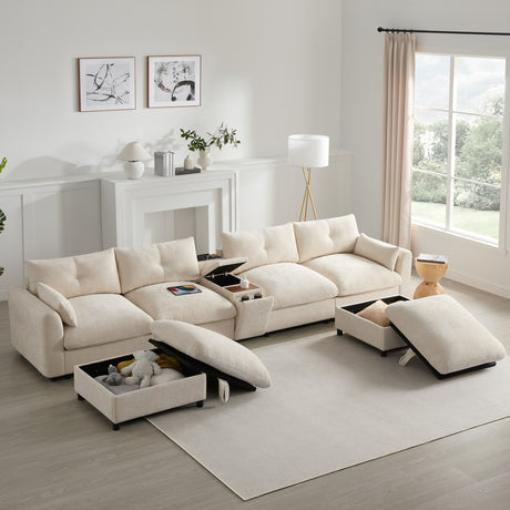136'' Modular Sectional Sofa with Console, Cup Holder, USB Charger, Movable Storage Ottoman, Pull-line&Tufted Design, U-Shaped Oversized Chenille Sofa for Living Room&Apartment,2 Colors - sold by Home Elegance USA