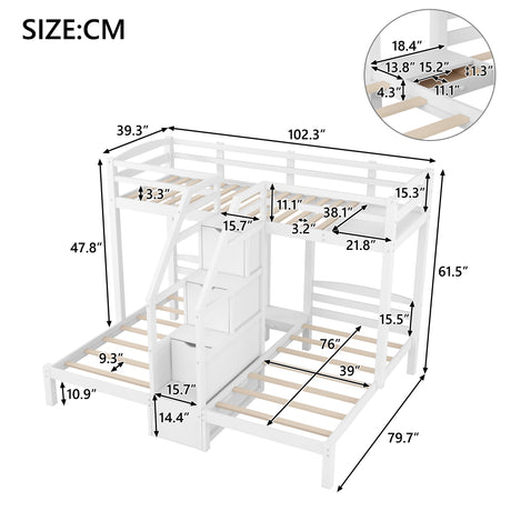 Twin over Twin & Twin Bunk Bed with Built-in Staircase and Storage Drawer,White - sold by Home Elegance USA