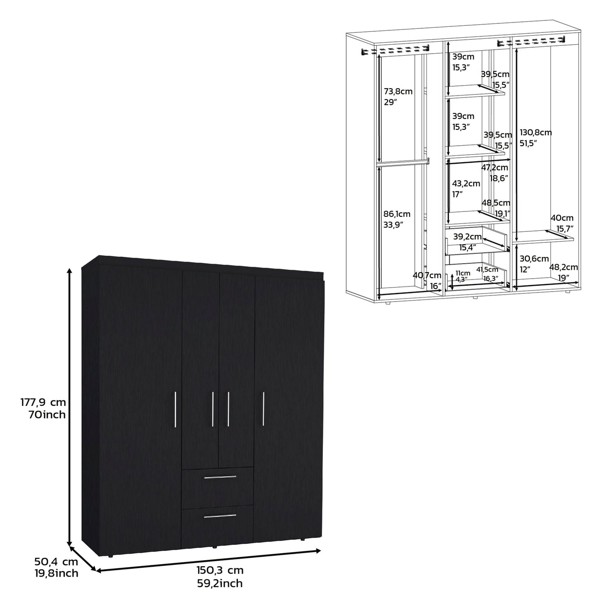 Wardrobe, Deluxe Armoire with Multiple Storage Options and Metal Accents, Black - sold by Home Elegance USA