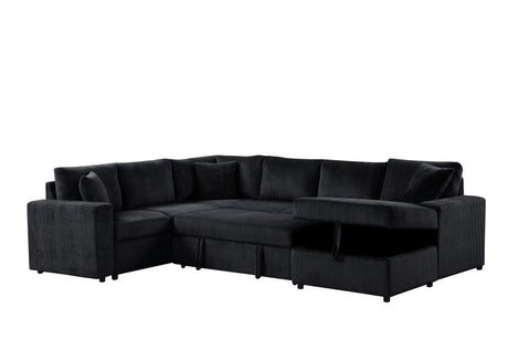 Ruxley 123'W Black Corduroy Sleeper Sectional Sofa with Right-Facing Storage Chaise and Throw Pillows - sold by Home Elegance USA