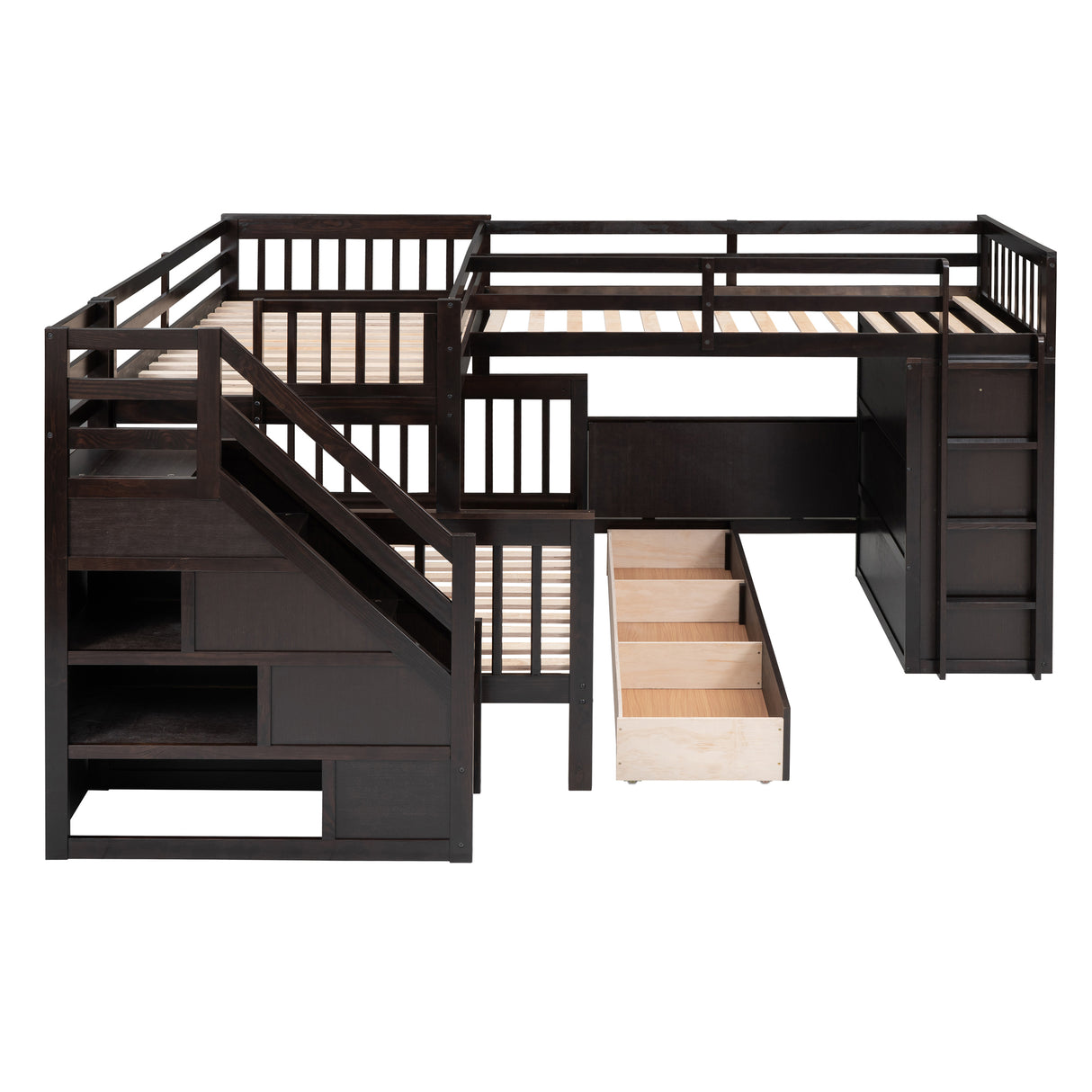 Twin-Twin over Full L-Shaped Bunk Bed With 3 Drawers, Portable Desk and Wardrobe, Espresso - Home Elegance USA