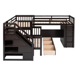 Twin-Twin over Full L-Shaped Bunk Bed With 3 Drawers, Portable Desk and Wardrobe, Espresso - Home Elegance USA